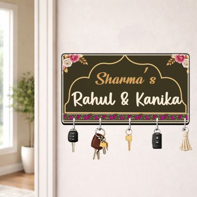 Personalised Nameplate Key Stand with 5 Hooks for Home Entrance Decor